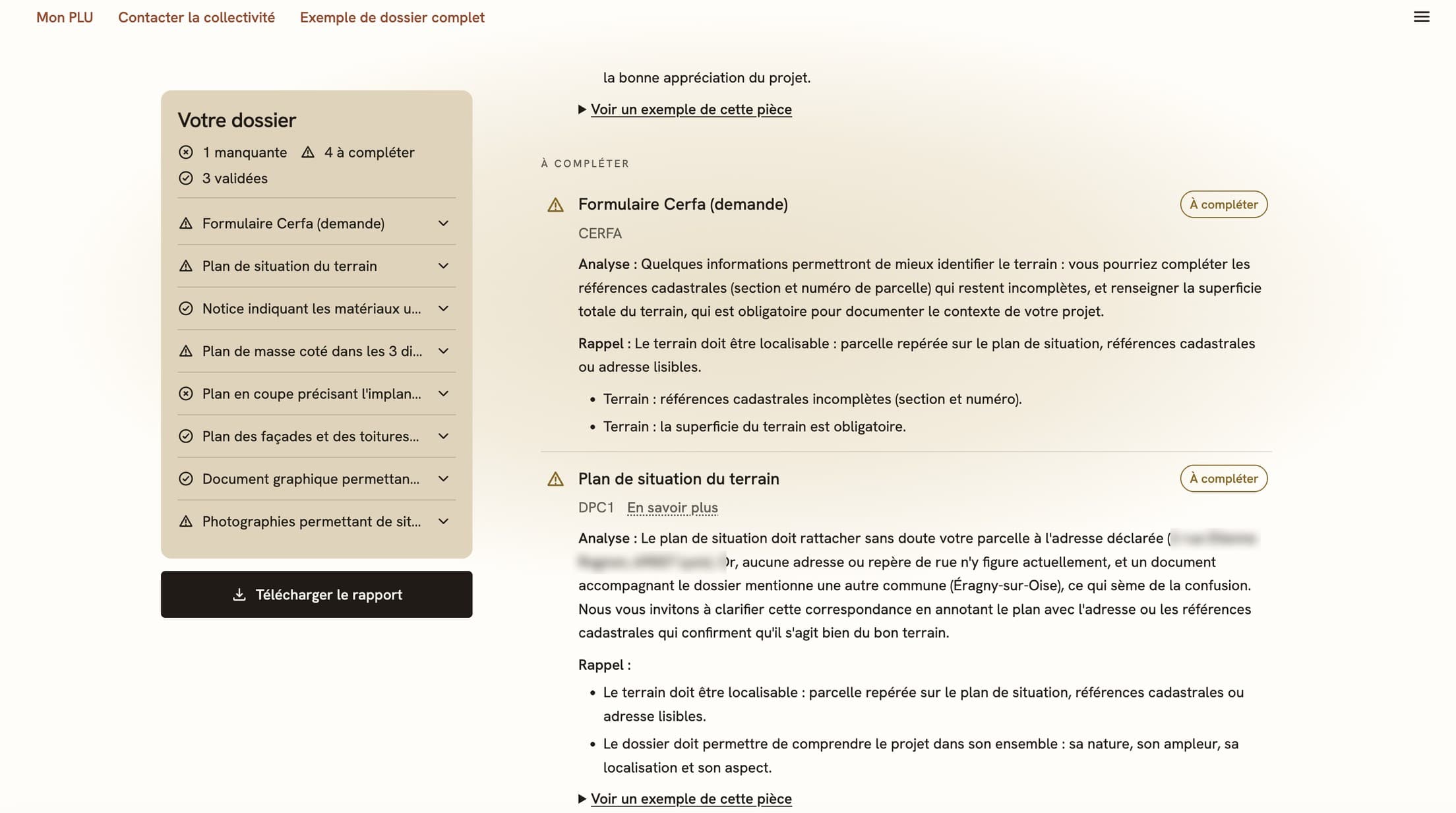 Le détail pièce par pièce : pour le Cerfa, les références cadastrales et la superficie du terrain restent à renseigner ; pour le plan de situation, l’agent demande d’annoter le plan avec l’adresse ou les références qui confirment le terrain. L’adresse du demandeur est floutée.
