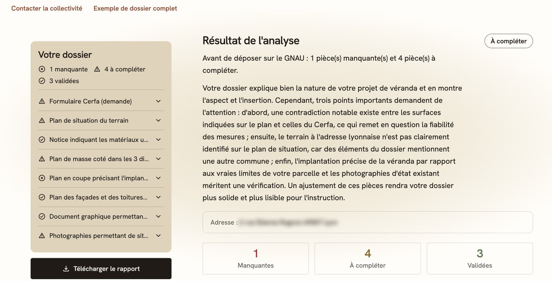 Résultat d’une analyse de dossier : une pièce manquante, quatre à compléter, trois validées, et une synthèse qui relève une contradiction entre les surfaces du plan et celles du Cerfa. L’adresse du demandeur est floutée.