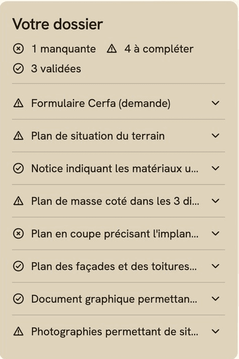 Le panneau « Votre dossier » : une pièce manquante, quatre à compléter, trois validées, et le statut de chacune des huit pièces attendues